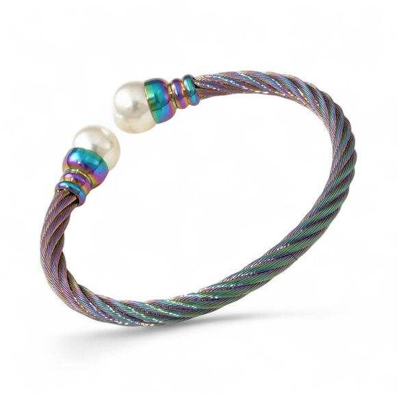 🌈 Iridescent Pearl Cuff Bracelet – Stainless Steel Rainbow Cable Design” - Picture 1 of 16